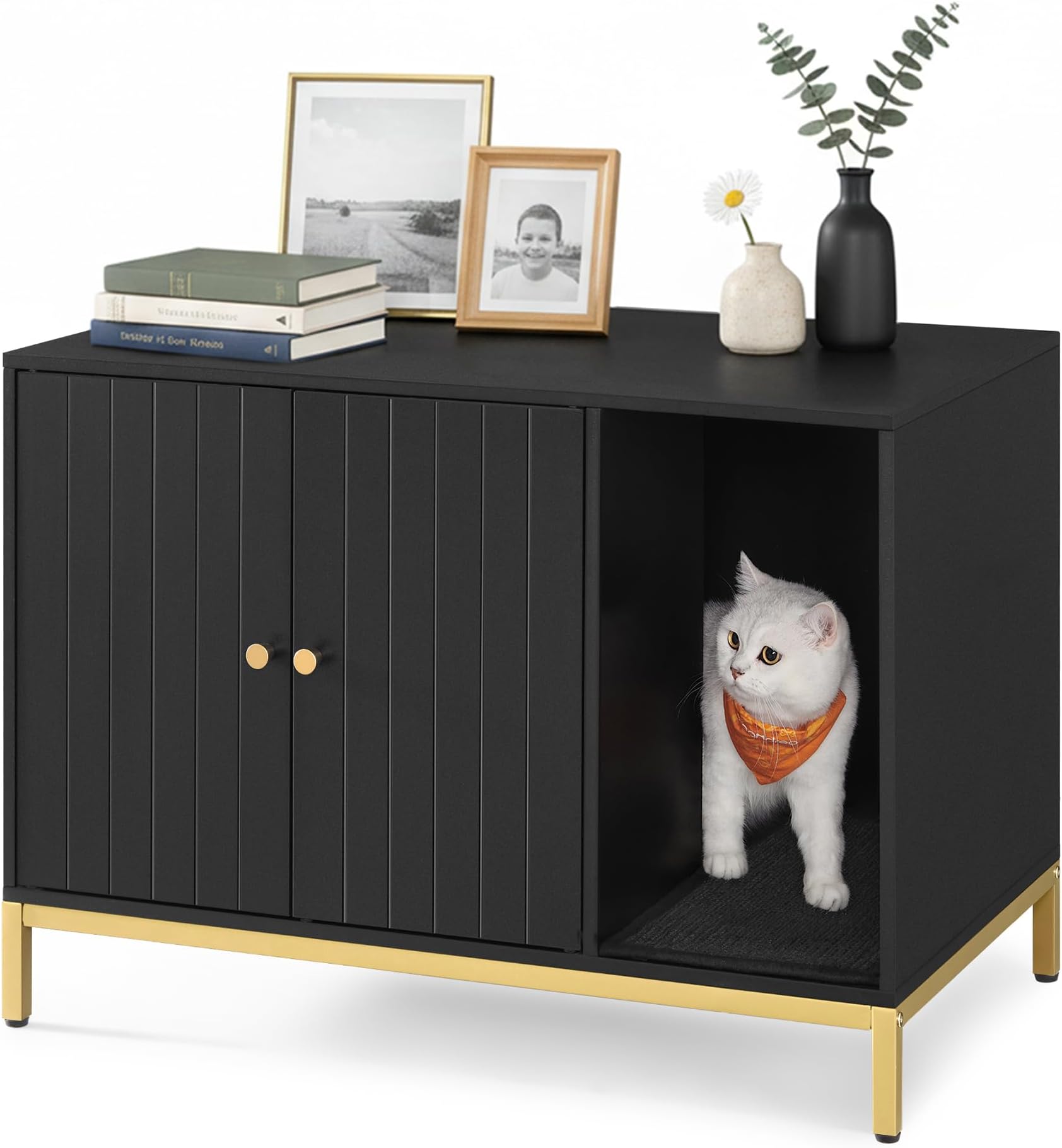 Feandrea Litter Box Enclosure, Modern Cat Litter Box Furniture Hidden, with Scratching Mat, Tall Legs, Cat House for Indoor Cats, Side End Table, 31.5 x 19.7 x 21.7 Inches, Black and Gold UPCL007B01