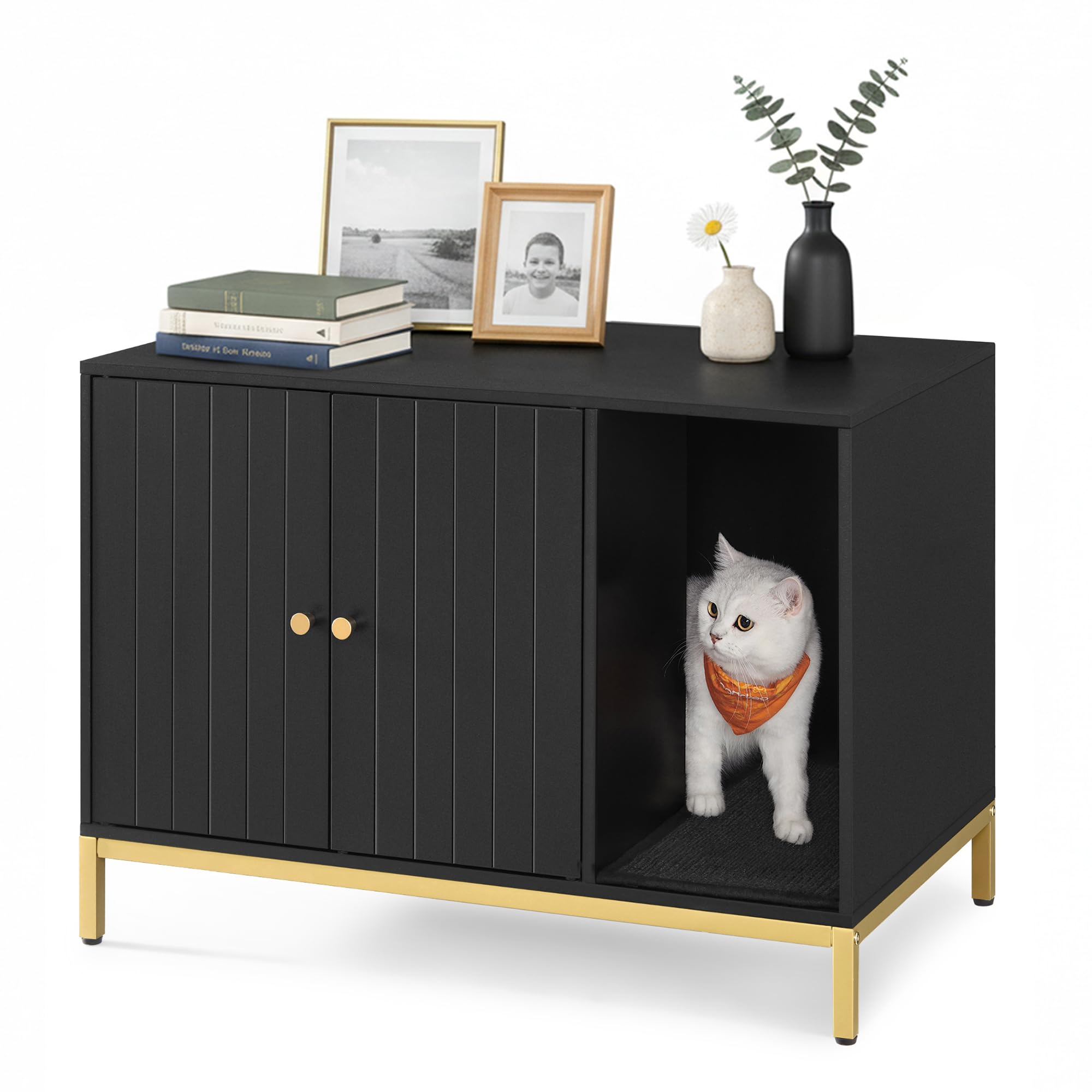 Feandrea Litter Box Enclosure, Modern Cat Litter Box Furniture Hidden, with Scratching Mat, Tall Legs, Cat House, Side End Table, 31.5 x 19.7 x 21.7 Inches, Black and Gold UPCL007B01