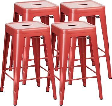 Shahoo 24 Inches Metal Bar Stools Counter Height Stackable Backless Stools, Industrial Patio Stools Indoor Outdoor Metal Kitchen Stools Set of 4 Red