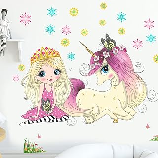 Princess Unicorn Wall Decals for Girls Bedroom Flower Wall Art Stickers Kids Baby Nursery Home Decor Peel and Stick Room Decorations