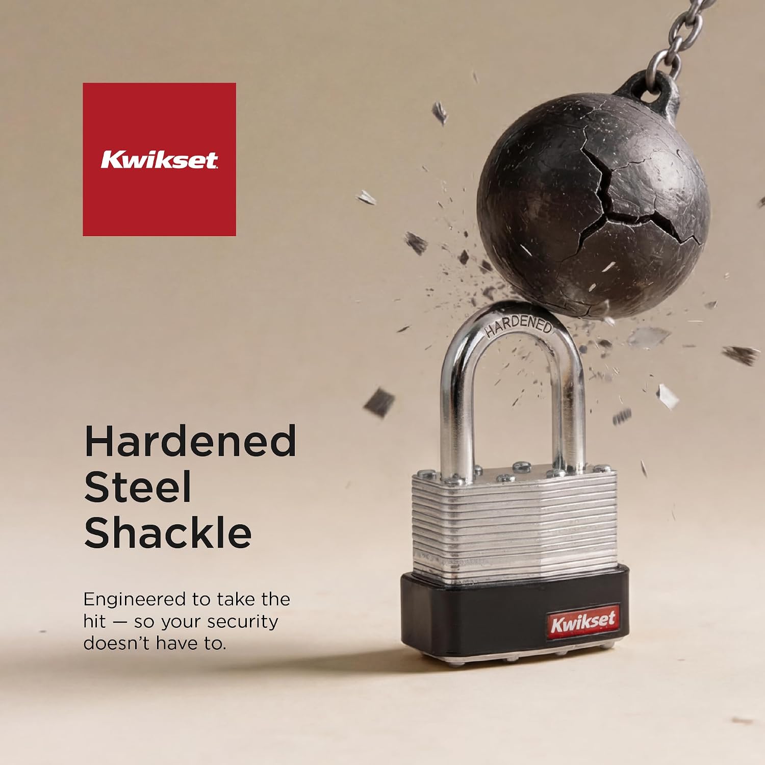 Kwikset Laminated Steel Padlock with Hardened Steel Shackle, Outdoor Gate and Fence Lock, 2 in Body, 1-1/2 in Shackle, 1 Pack, Silver