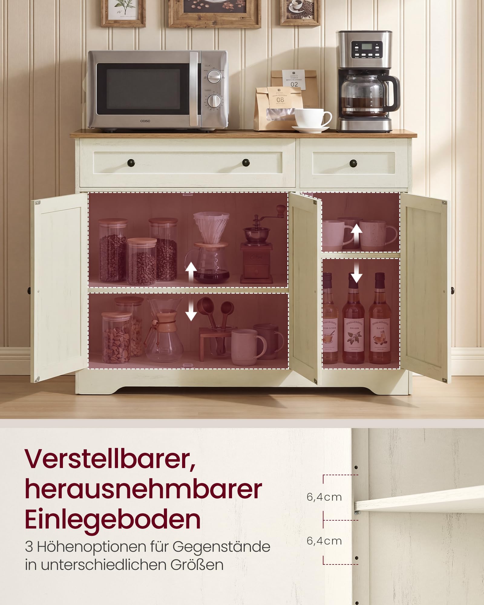 VASAGLE Siren Kollektion - Aufbewahrungsschrank, Küchenschrank im Landhausstil, Sideboard, 2 Schubladen, verstellbare Ablagen, 3 Türen, Kaffeebar, 40 x 106,8 x 80 cm, vintageweiß LSC531WJ01