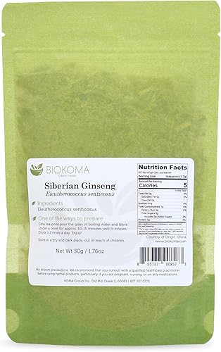 Vista 2 de Biokoma Raíz seca de ginseng siberiano puro y natural, 1.76 onzas (1.76 onzas) en bolsa resellable a prueba de humedad, té de hierbas, sin aditivos