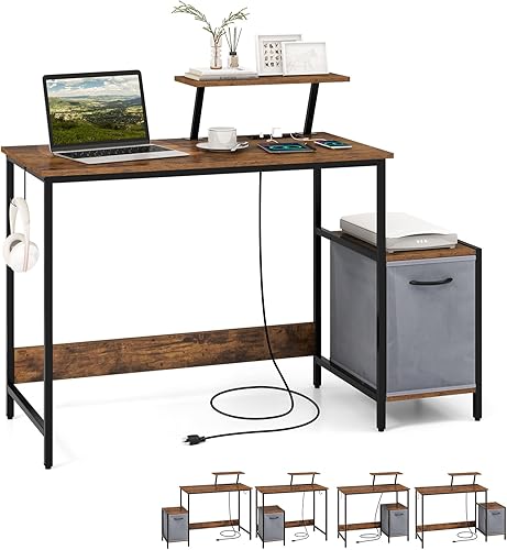 Tangkula Escritorio para computadora con cajón de tela reversible y estante móvil, escritorio de estudio de estilo industrial, escritorio grande