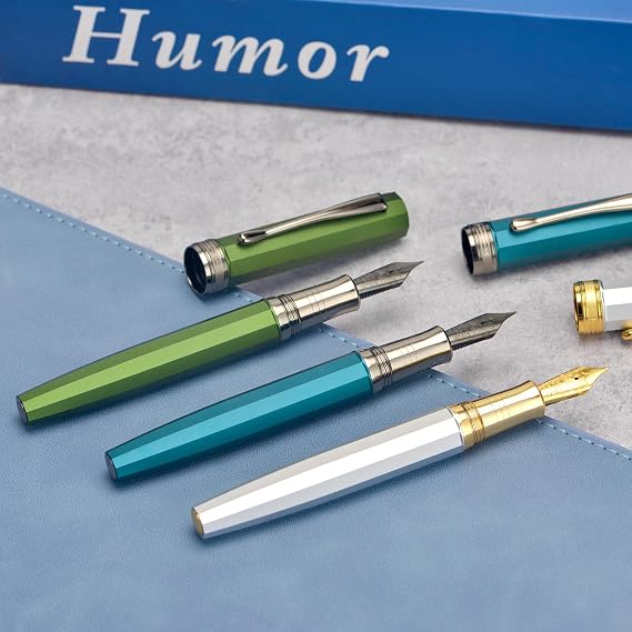 HONG DIAN N11 Fountain Pen, Titanium-Coated Black Extra Fine Soft Nib, Peacock Blue & Octagonal Geometric Design with Metal Case Set
