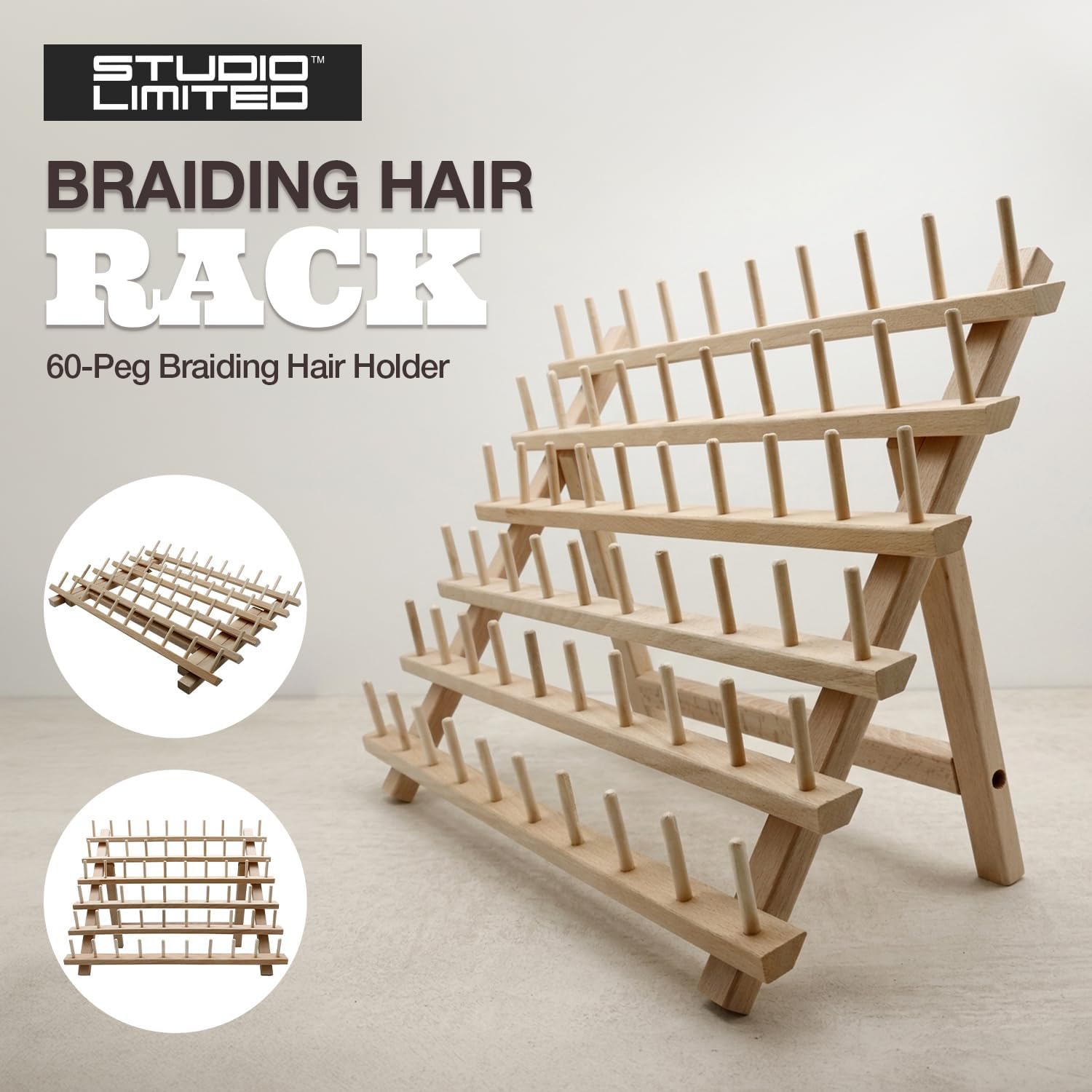 STUDIO LIMITED Braiding Hair Rack, 60 Spool Wooden Braiding Hair Holder, Thread Rack for Sewing, Quilting, Embroidery, Hanging Accessories