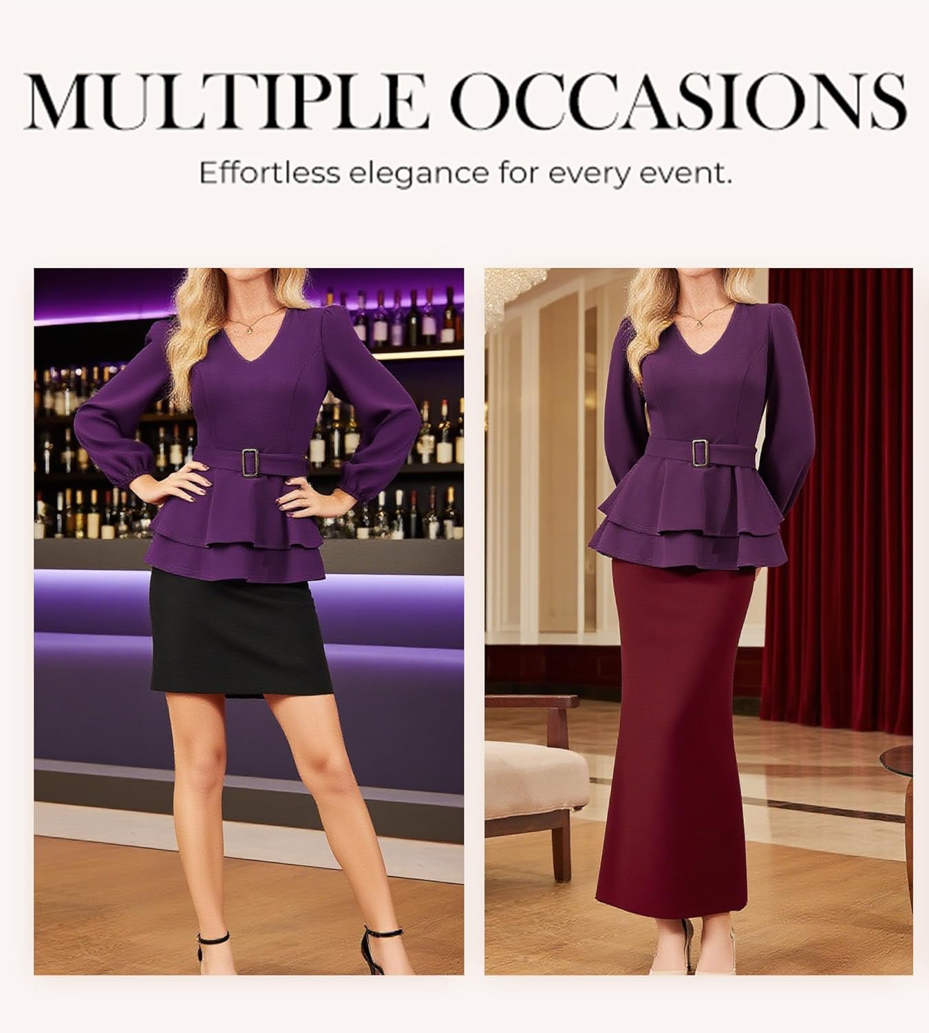 GRACE KARIN Women Work Peplum Tops,Long Sleeve Dressy Casual Blouses,V Neck Business Shirt Fall Outfits with Belt - Image 5