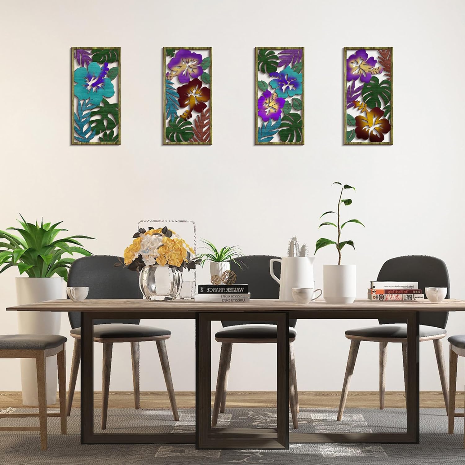 Tropical Leaf Wooden Art Decor 4 Pcs Abstract Leaves Wall Art Living Room Decor, Minimalist Palm Leaves Plant Wall Sculptures for Bedroom Home Decoration (Romantic)