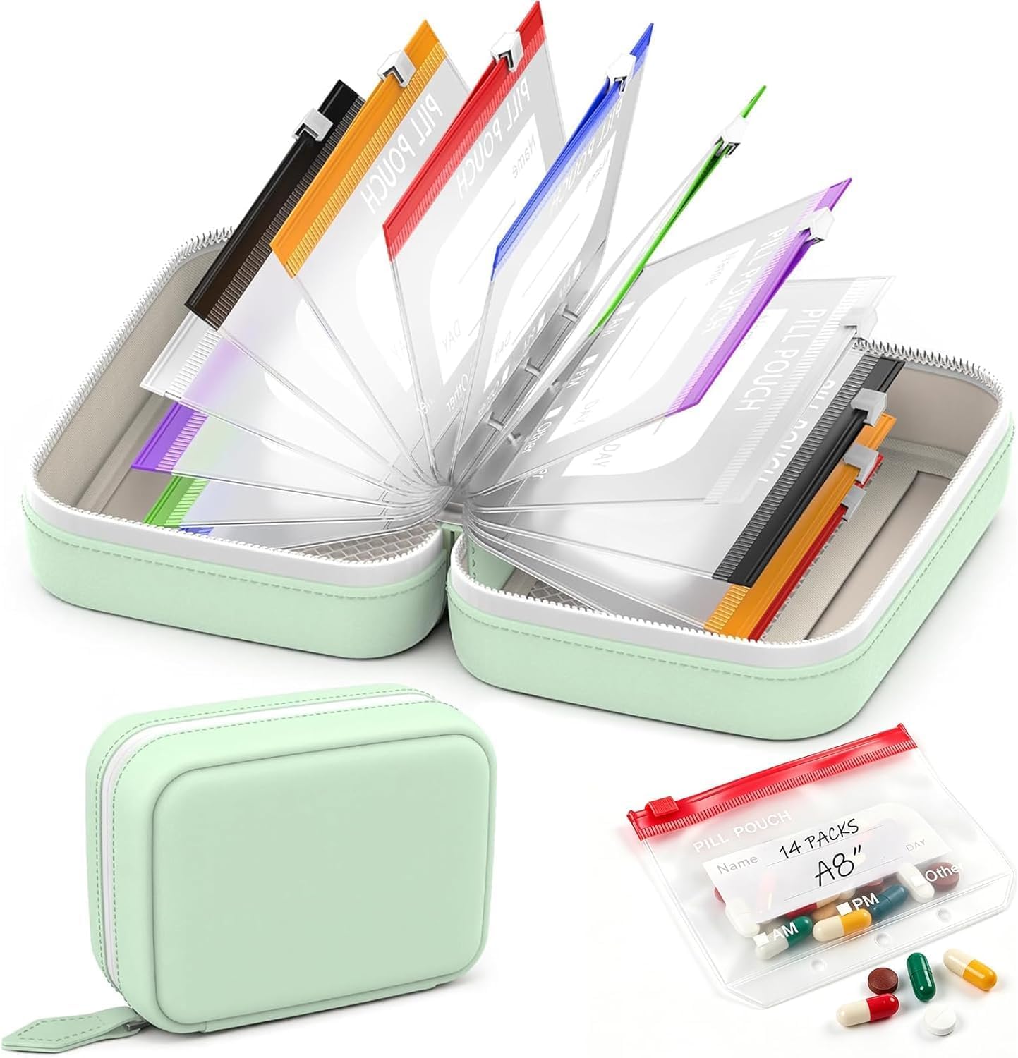 A8 Green Travel Pill Organizer with 14 Reusable Pill Pouches, Waterproof Pill Pouch Set,Large 7 Day Twice-Daily Travel Medicine Case for Purse, Compact Medication Storage Bag