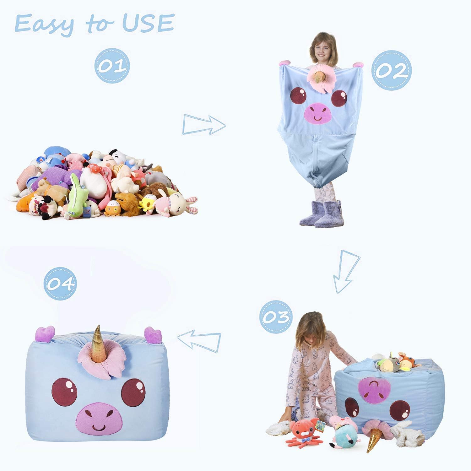 Aubliss Unicorn Stuffed Animal Storage Bean Bag Chair for Kids, Velvet Extra Soft Beanbag Chairs Cover, X-Large Stuffable Zipper Bean Bag for Organizing Plush Toys Girls Bedroom Decor, Blue