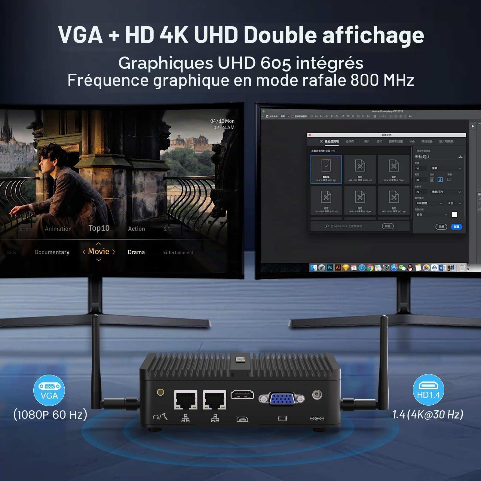 HISTTON Mini PC sans Ventilateur PC J5005, 8 Go DDR4 RAM 128 Go SSD