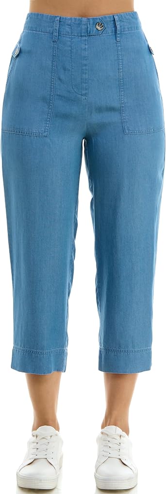 Zac & Rachel Womens Tencel Capri Length Button Front Pant with Stitched Utility Pocket and Ankle