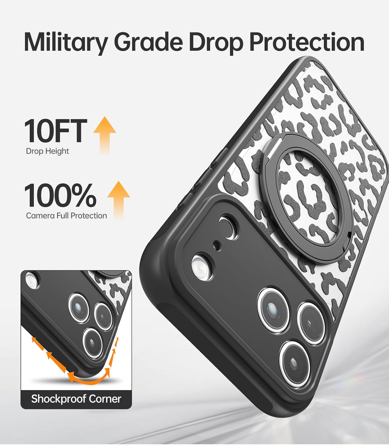 Magnetic Stand Case for iPhone 17 Pro [360° Rotatable Kickstand] [Compatible with MagSafe] Black Leopard Design with Ring Holder Case for Women Girls, Translucent Matte Slim Phone Cover