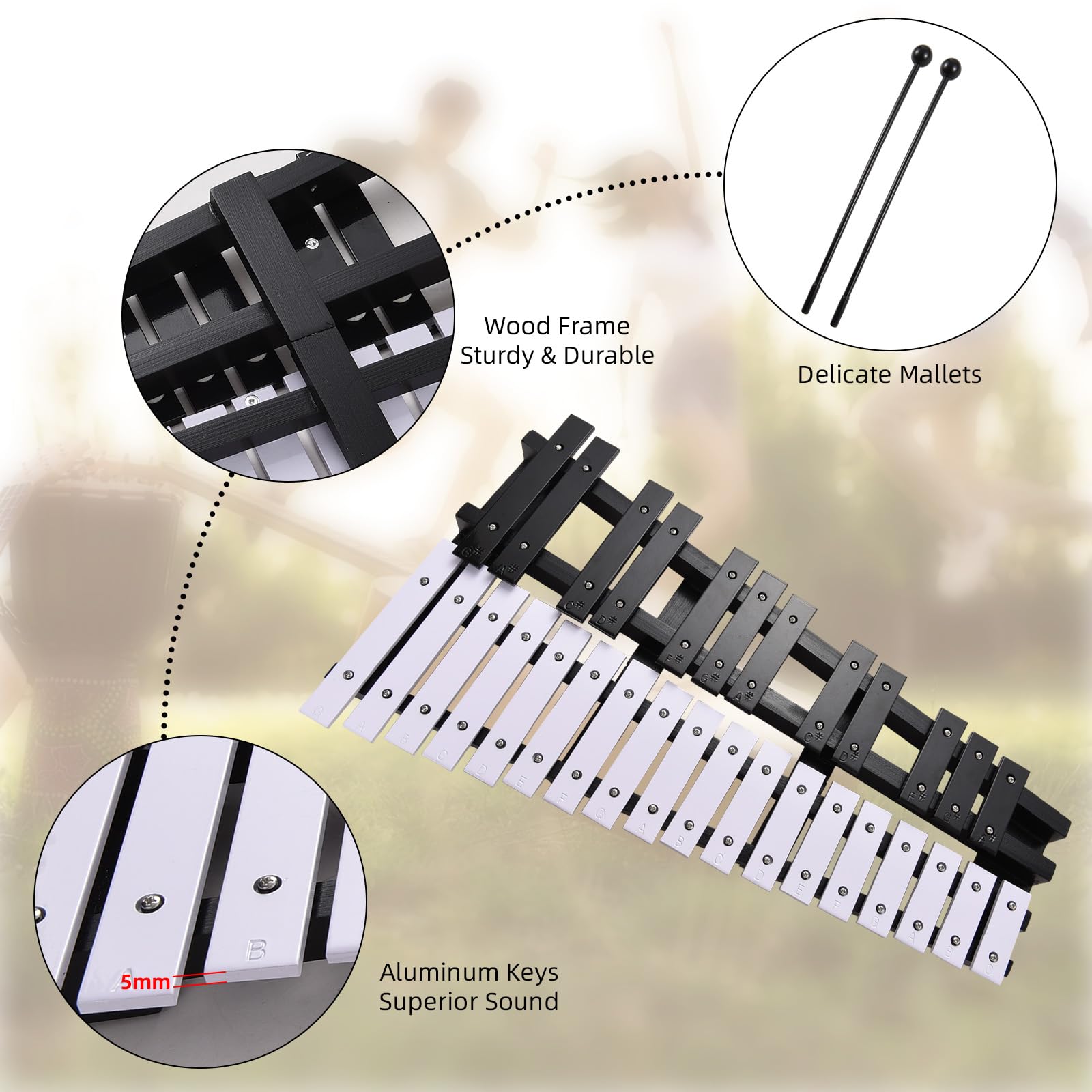 Btuty Glockenspiel 30 Noten Xylophon, faltbar, Holzrahmen, 5 mm dicke Aluminiumstangen, Schlaginstrument mit Tragetasche