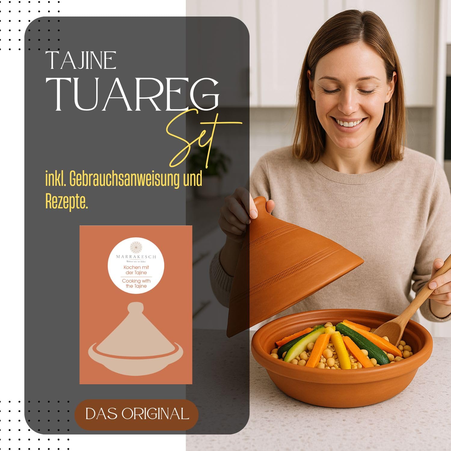 ORIGINAL Tajine Marocain en Terre Cuite Tuareg Ø 26cm pour 1-3 Personnes | Plat a Tagine avec couvercle fait Main au Maroc | non émaillé Libre de matières Toxiques pour votre Cuisine Marocaine