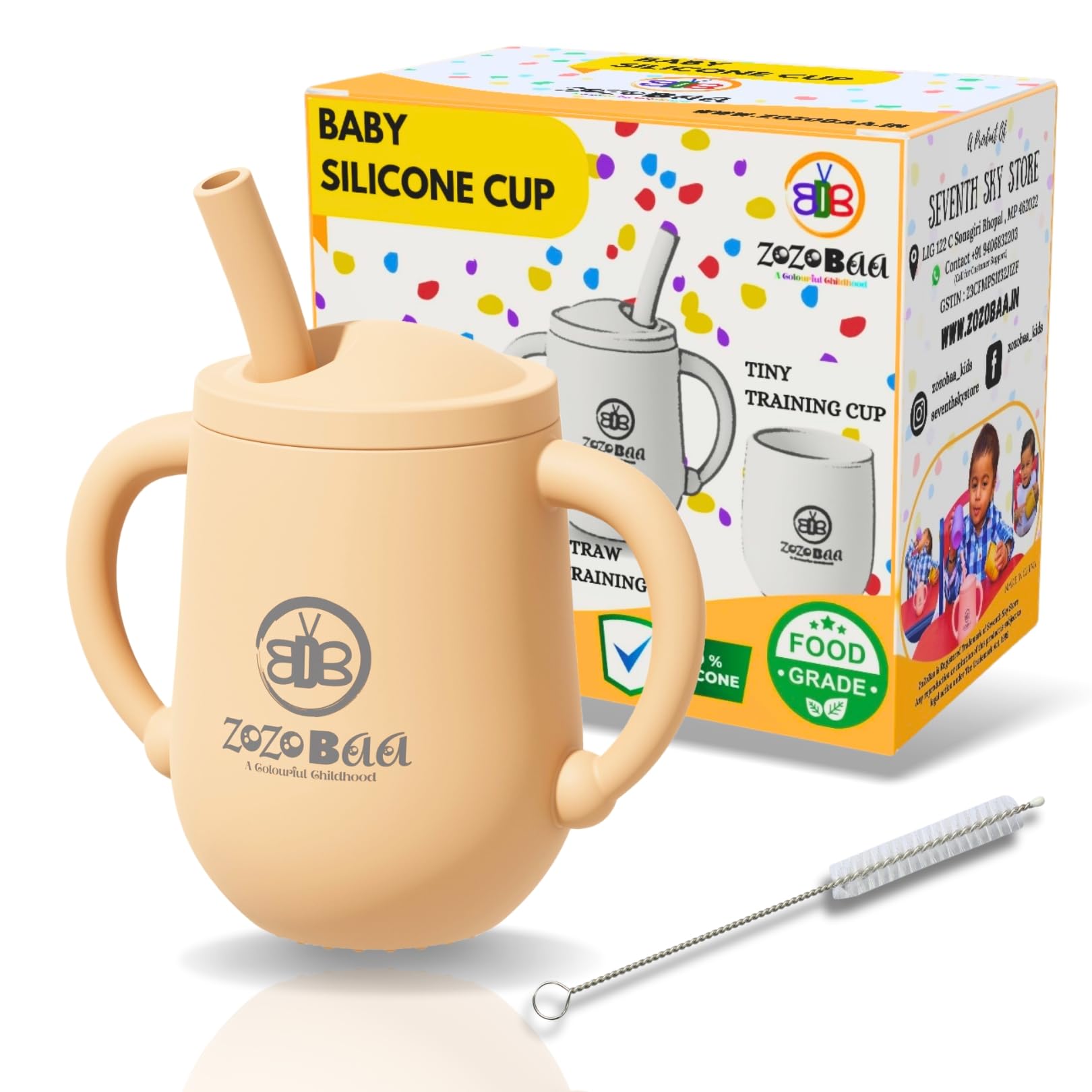 Small Silicone Drinking Training Sippy Cup/Glass with Straw, Lid & Easy Grip Handles for Toddlers| Unbreakable 3 in 1-Open,Feeding & Sipper Cup for Kids/Baby 6+ Month, Cream - 120 ML