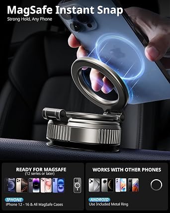 UBeesize 2025 Upgraded 360 Magsafe Vacuum Magnetic Car Phone Holder [108+LBS Strongest Suction&3000gf Dual-Lock Nano Gel] Dashboard & Windshield Mount, Compatible with iPhone 16/15/14/13&Other Phones