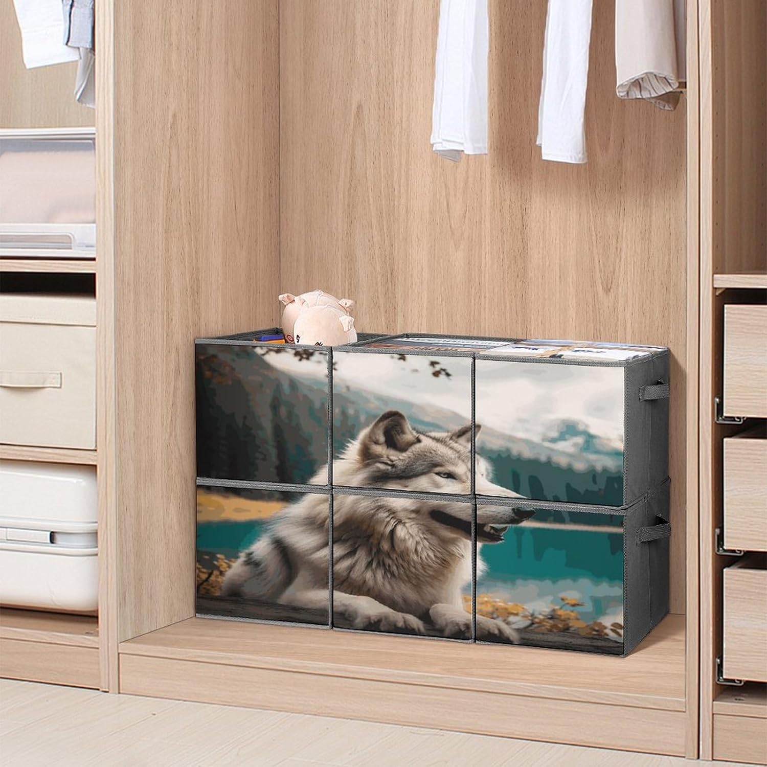 Multi Use Organizer Bins, Fun Animal Wolf Printed Storage Bins, Foldable Storage Baskets Are Suitable For Bedrooms, Offices, And Cars