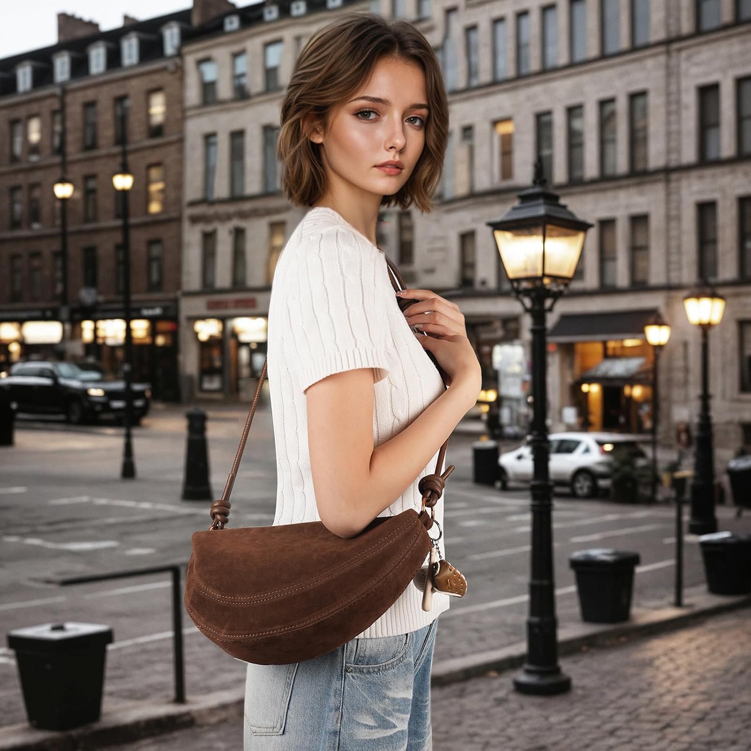 Small Suede Dumpling Crossbody Bag for Women, Hobo Shoulder Purse with Cute Baseball Charms & Adjustable Strap