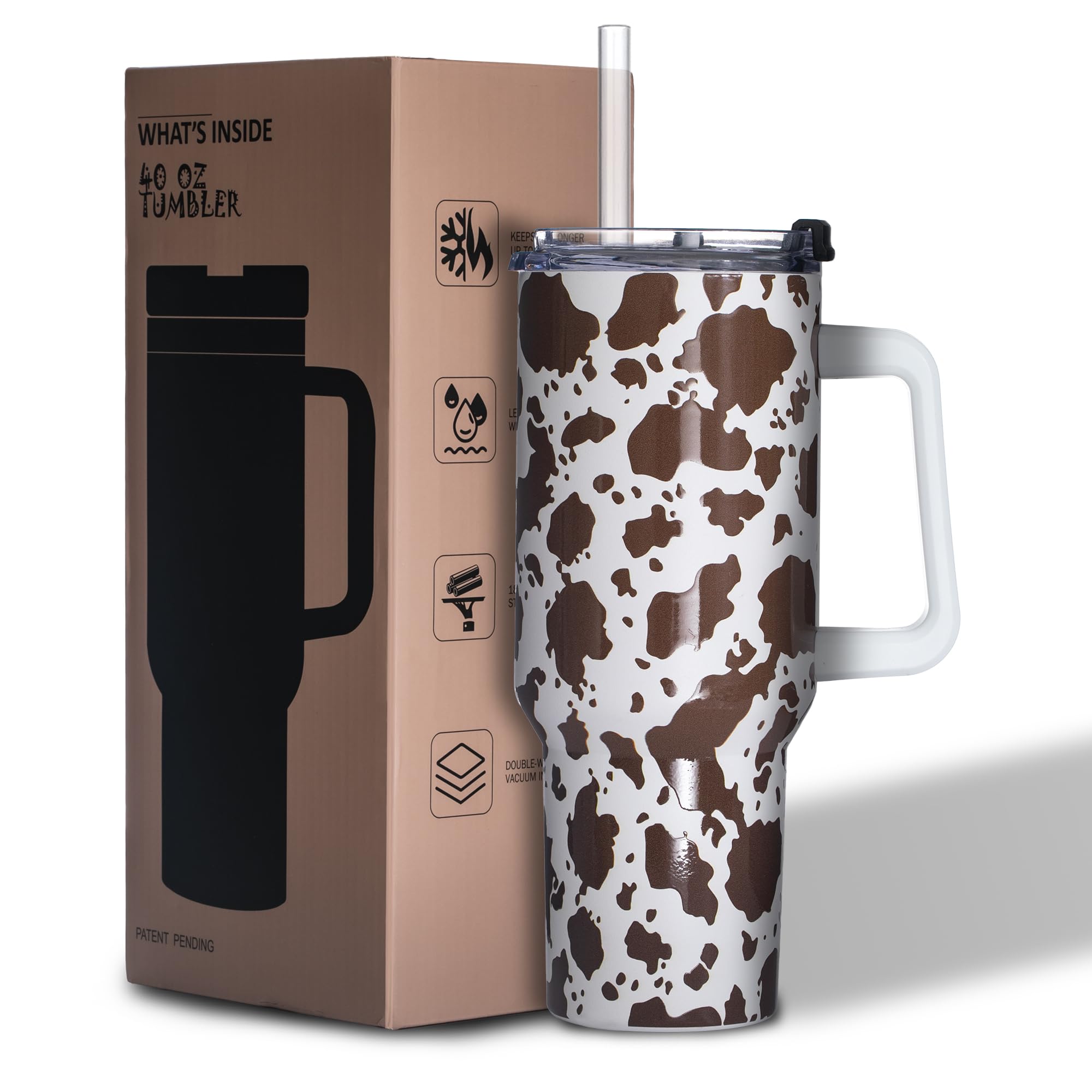 Gome Brown cow print 40 oz Tumbler with Handle - Stainless Steel Cup with Straw - Insulated Coffee Mug with Lid - Brown cow print Birthday Gifts for Women - Hand Wash Only