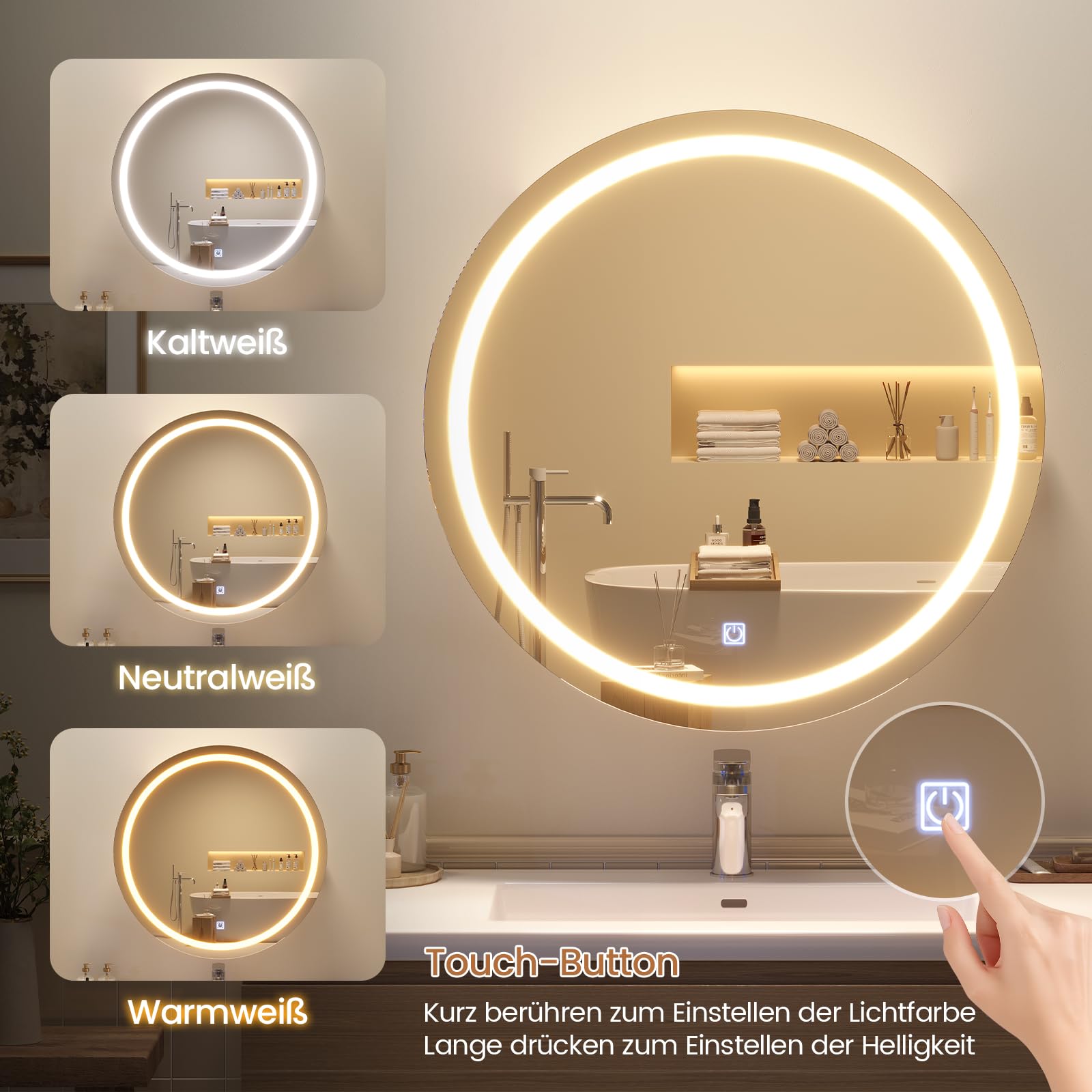KIMENICH Runder Spiegelschrank Bad mit LED Beleuchtung, Badspiegel Schrank mit Steckdose und Fönhalter, Runder Badezimmerspiegel Schrank Wandmontage