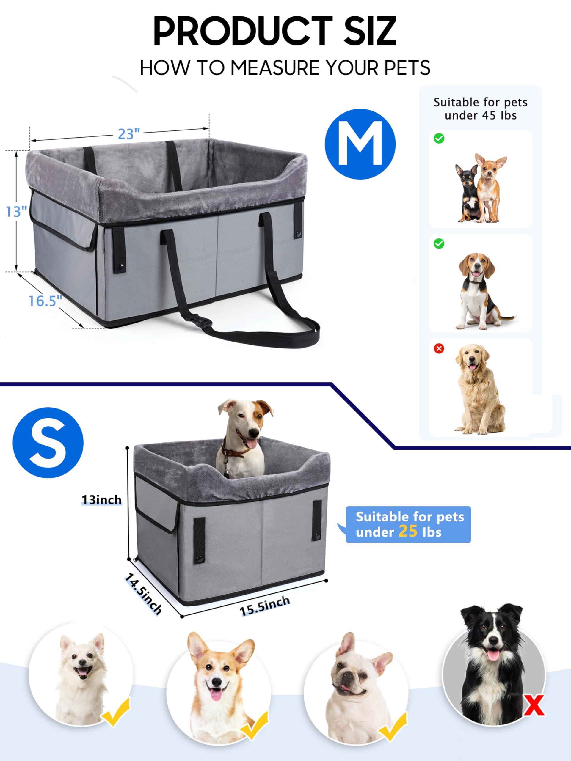 Asiento de coche portátil para perros pequeños, plegable, asiento de coche para asiento delantero y trasero, cesta para perros con cinturón de seguridad ajustable y cojín de felpa, seguro, estable
