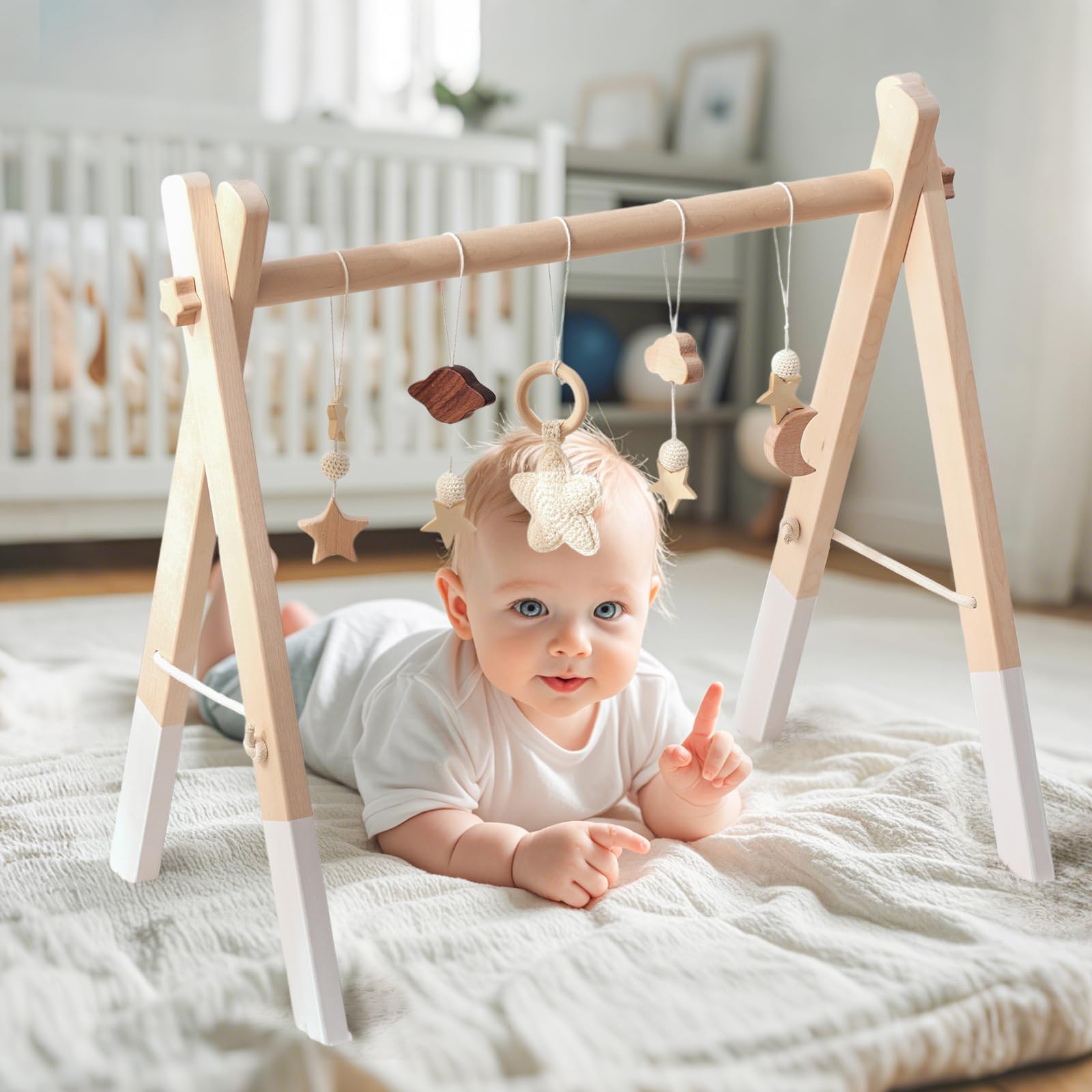 Arche de Jeu Bébé Bois Baby Gym Bois Arche de Jeu Bébé Nouveau-né Jouet Arche de Jeu Centre d'Activité Bébé Beige Etoiles Design Amovible Arche de Jeu Bébés Bois