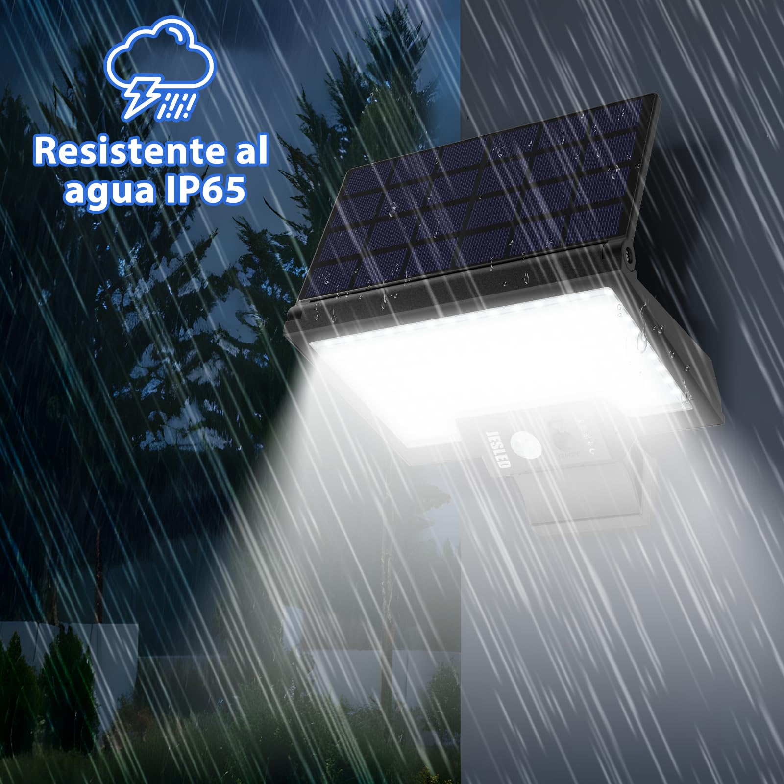 JESLED Luces Solares Exterior 108LED con Sensor Movimiento,2600mAh, 4 Modos IP65, Carga Rápida Tipo-C, Iluminación Seguridad - Resistente al Agua y Clima Extremo para Patio Jardín Garaje, Pack 4