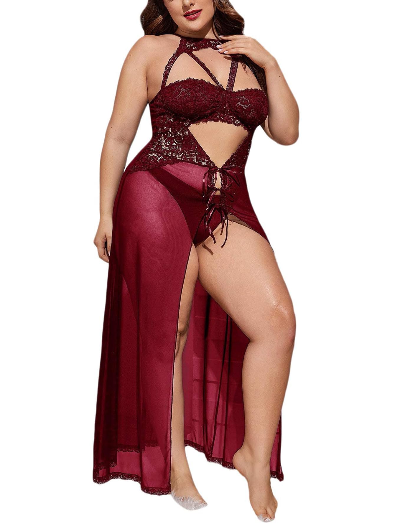 xivir Women's Plus Size Split Long Mesh Lingerie Dress Babydoll Chemise Sleepwear Side Slits-picture-47