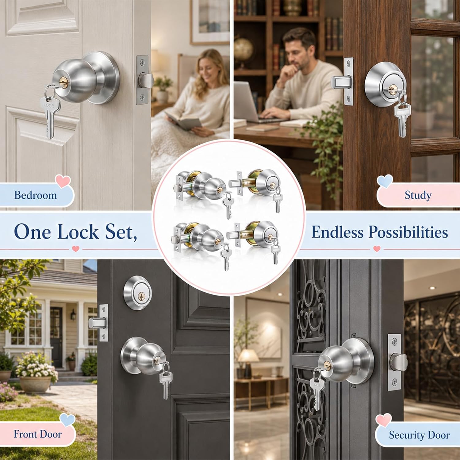 2 Sets Entry Door Knob and Single Cylinder Deadbolt Combo Set | Round Ball Satin Metal Door Knobs with Lock and Keys, Exterior Door Lock Set for Front Door and Entrance