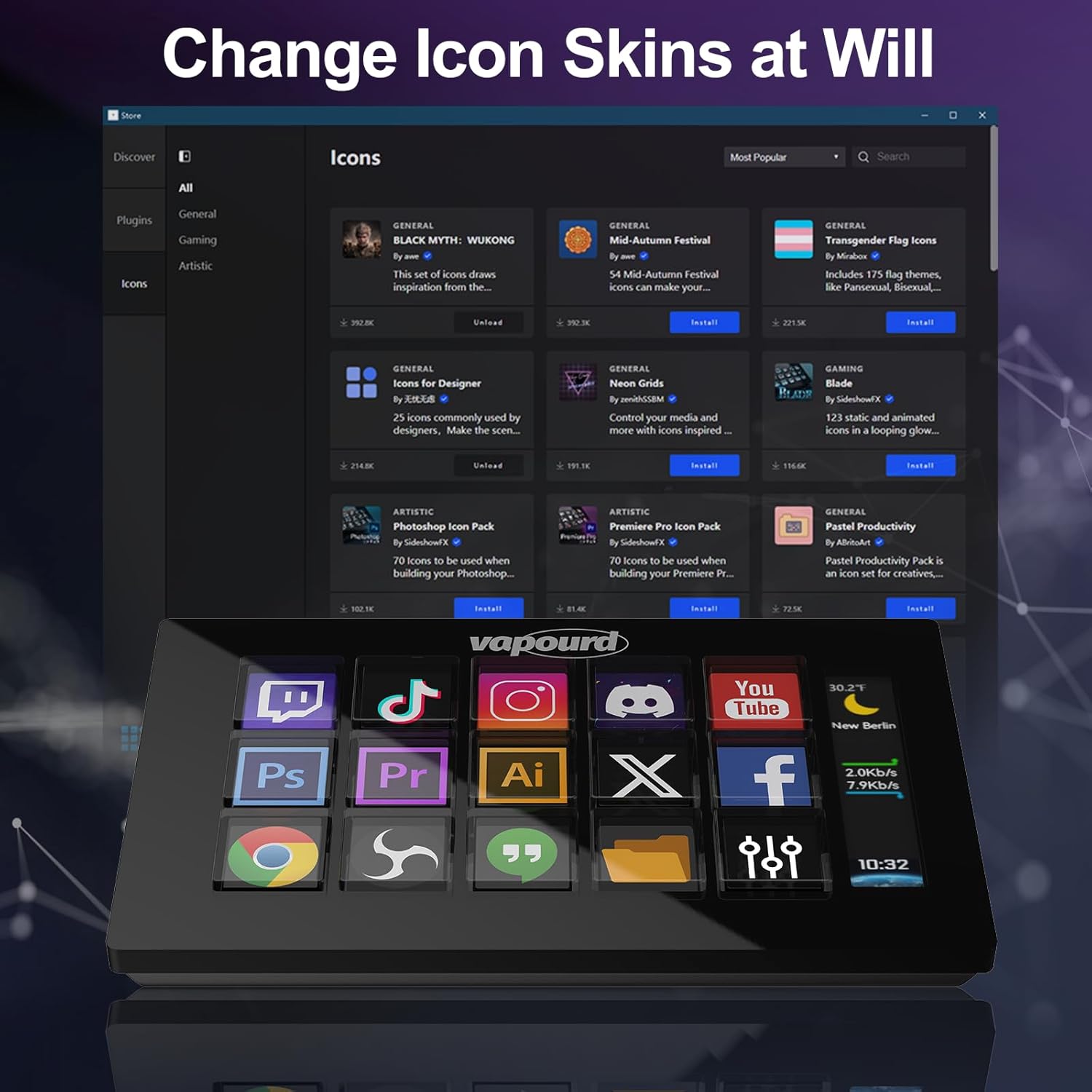 Screenshot of the Stream Deck software showing an icon store where users can change icon skins for their buttons.