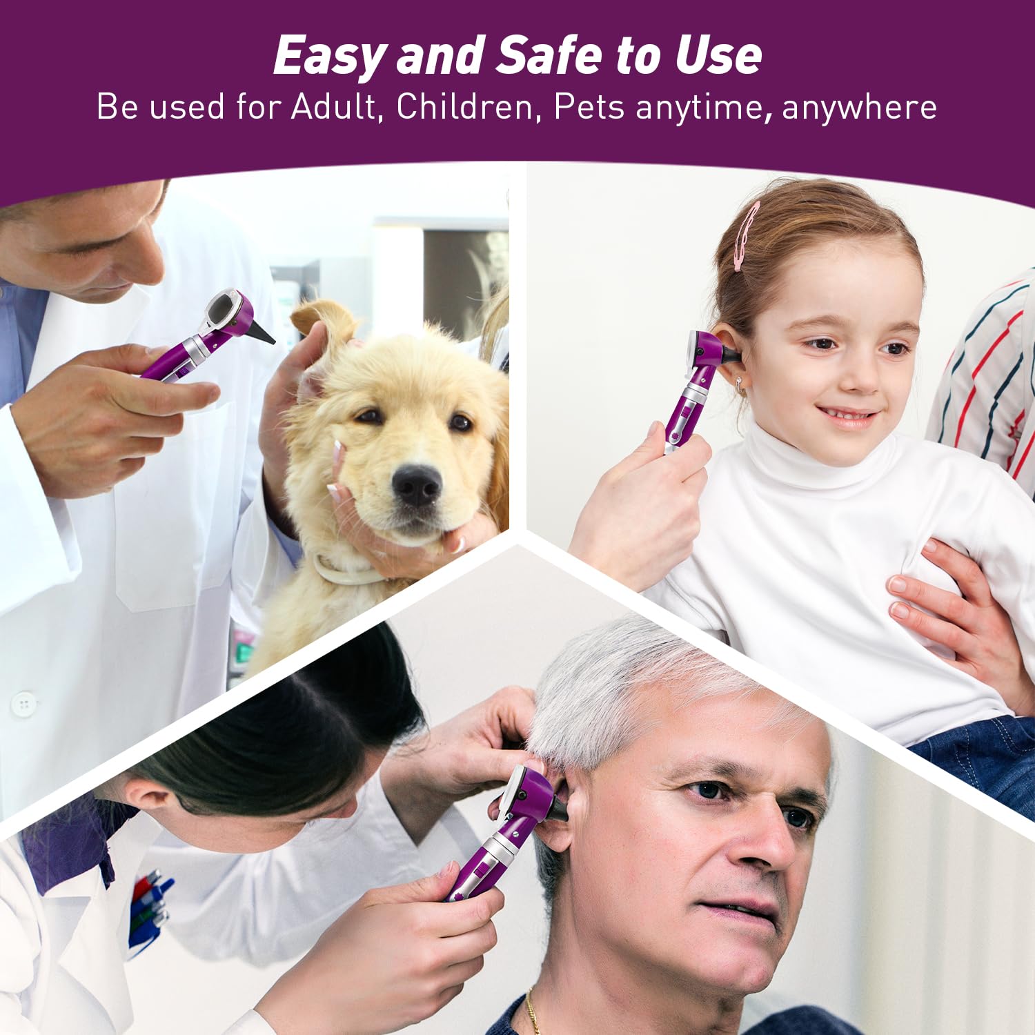 Scian Otoscopio de fibra óptica con estuche de plástico duro, Detector de infecciones del oído diagnóstico de bolsillo para médicos, enfermeras, niños, perros, uso doméstico (Nuevo violeta)