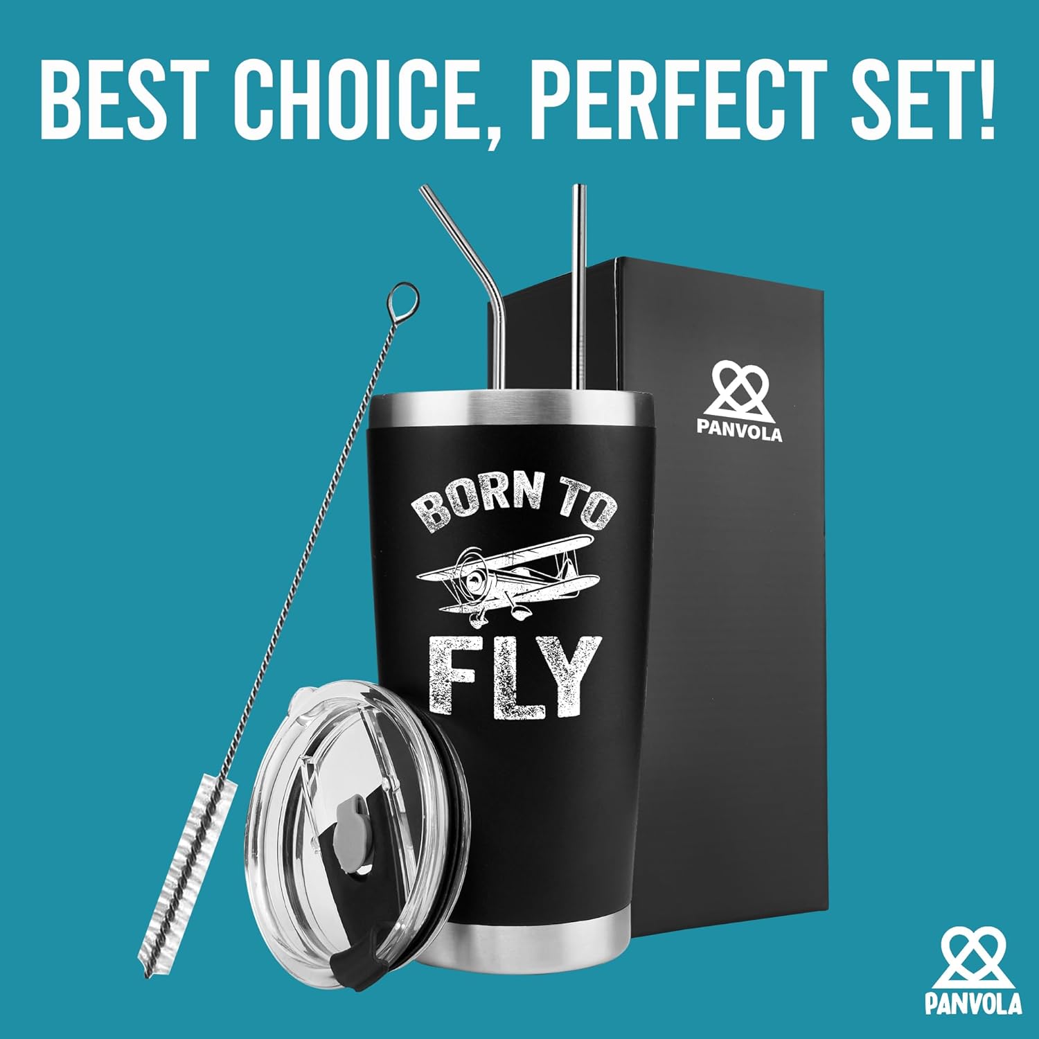 Panvola Born to Fly Pilot Gifts For Dad Husband Boyfriend Brother Aeronautics Aeronautical Student Vacuum Insulated Tumbler Stainless Steel Travel Mug with Lid and Straw 20 oz Black - Image 6