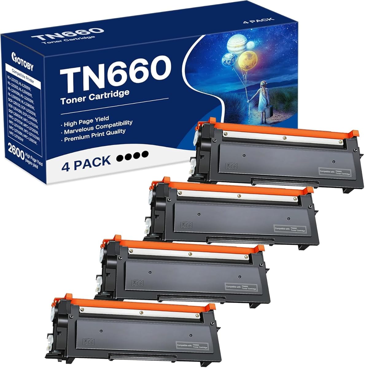 TN660 Toner Cartridge Replacement Compatible for Brother TN 660 TN-660 TN630 High Yield to use with HL-L2380DW HL-L2320D HL-L2340DW DCP-L2540DW MFC-L2700DW MFC-L2720DW Printer (Black, 4 Pack)