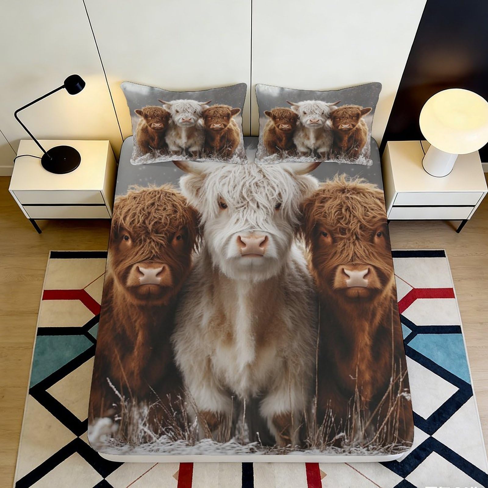3D Printed Highland Cow Fitted Sheet Microfiber Elastic Hem Bedroom Bedding Highland Cow Mattress Fitted Cover Deep Pocket Non-Slip 90x200x25cm