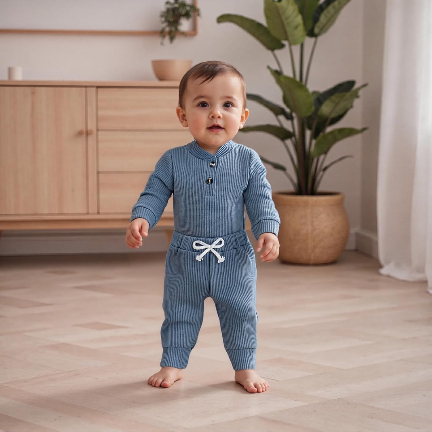 allshope Newborn Baby Boy Fall Outfit Romper Long Sleeve Solid Jumpsuit Bodysuit Elastic Waist Pants Infant Waffle Clothes - Image 2