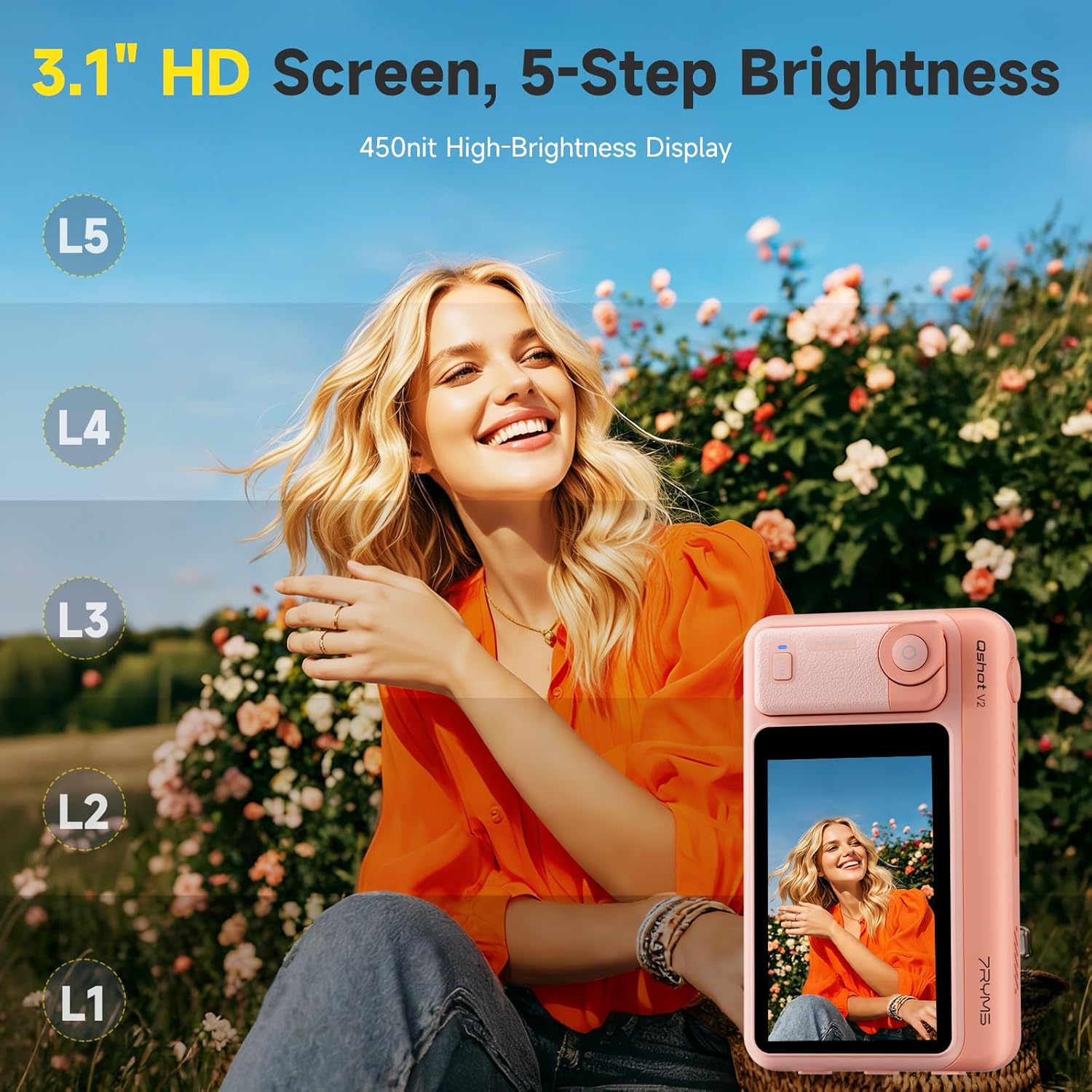 7RYMS Qshot V2 Wired Selfie Monitor Screen for Android/iPhone17/16, Magnetic Back Phone Monitor with 4K/60fps, Remote Control, Built-in Speaker, 1/4” Mount, Phone Vlog Monitor for TikTok YouTube(Pink)