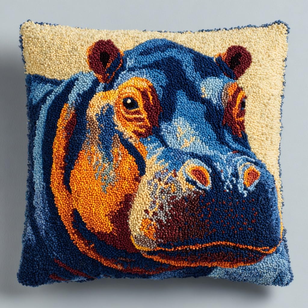 Henypt Latch Hook Cushion Kits Animal Hippo Cushion Craft Kits Crochet Pre Printed Canvas Latch Hook Pillow Kit 43x43cm