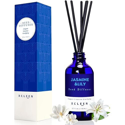 Reed Diffuser Set- Jasmine & Lily Scented Diffuser with 6 Rattan Sticks, Long Lasting Reed Diffusers for Home Bathroom Shelf Decor-3.7oz