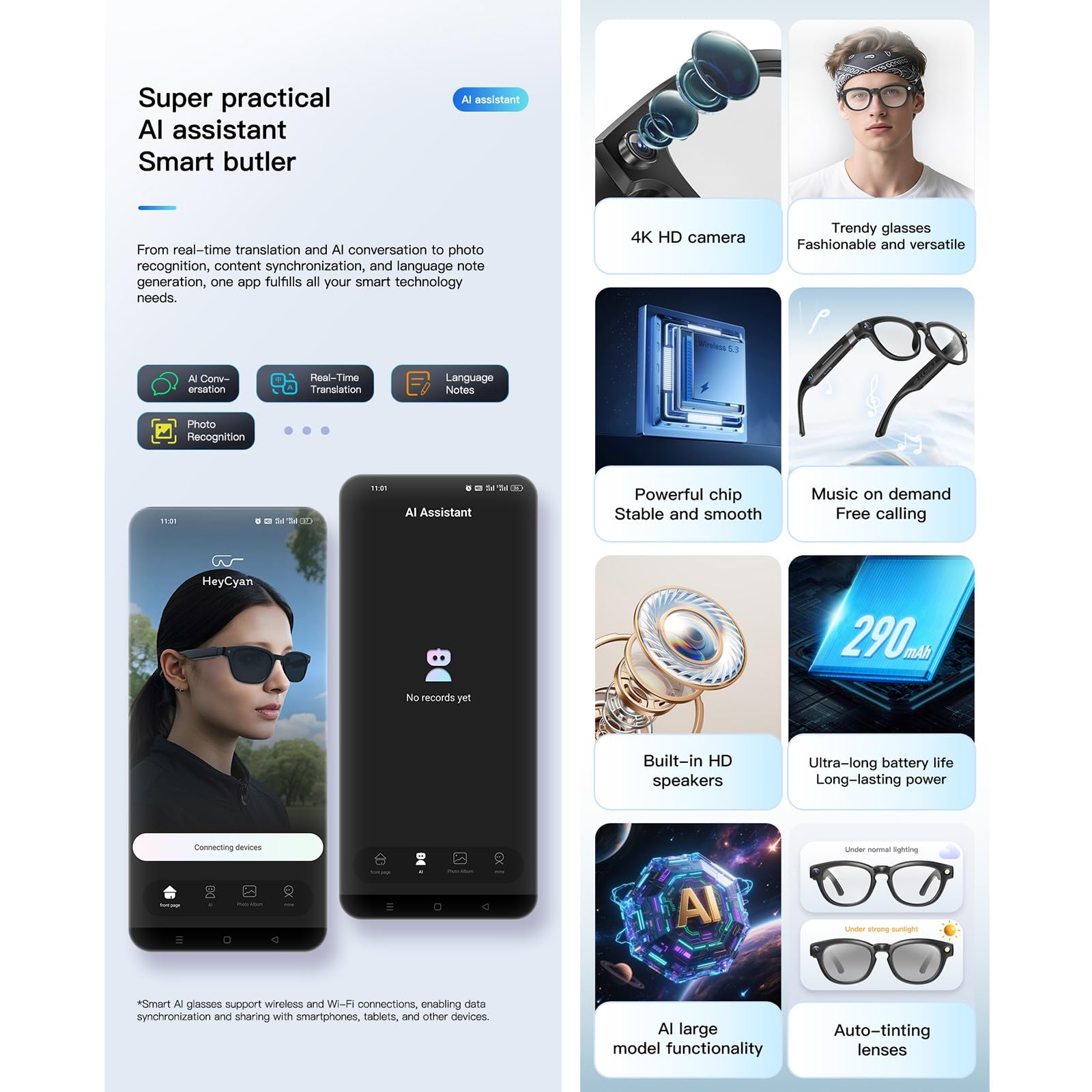 8MP 32GB AI Gafas Inteligentes Con Chat Y GPT Gafas Con Grabación De Video HD De 1080p Con Audio, Gafas De Sol Con Bluetooth Con Cámara, Traducción En Tiempo Real