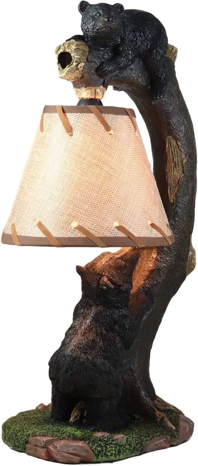 Ebros Whimsical Playful Climbing Black Bears On Bending Tree Branch Table Lamp Statue with Hanging Burlap Shade 15.75" High Wildlife Rustic Cabin Lodge Decor Forest Bear Family Desktop Bedside Lamps