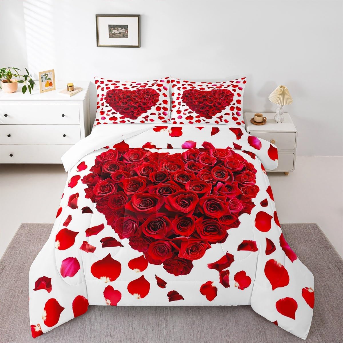 Red Heart Comforter Set Twin Size,Rose Floral Petals Bedding Set 2pcs for Man Woman Adult Room Decor, Valentine's Day Gift Quilt Set Wedding White Romantic Duvet Insert with 1 Pillowcase