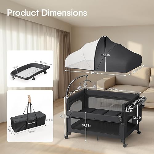 Miniatura 6 de Cuna de bebé 4 en 1, para empacar y jugar, cuna de noche, cambiador de pañales, cuna portátil de montaje y plegado rápidamente con colchón y