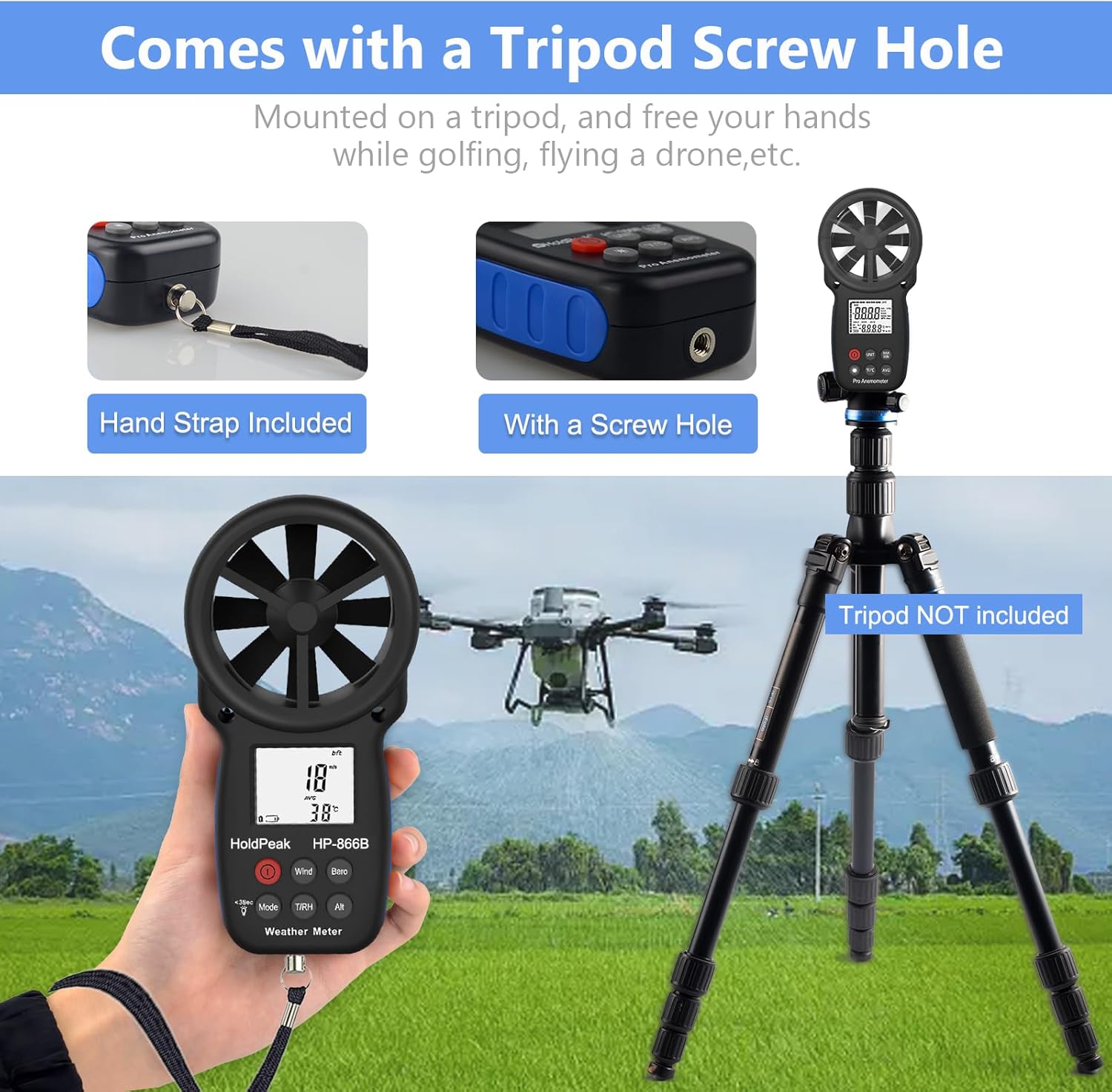 HoldPeak Handheld Anemometer Bluetooth, Digital Wind Speed Gauge Meter, Air Flow Velocity Temperature CFM Measuring Device for HVAC Outdoor Sailing Shooting Golf, 866B-APP