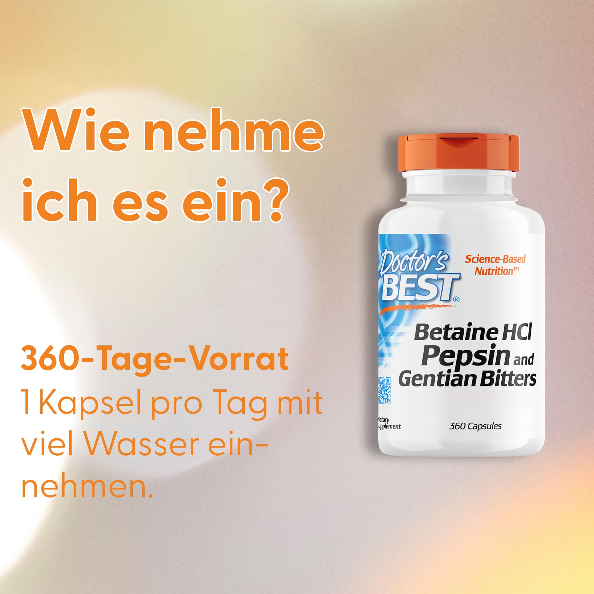Doctor's Best, Betain HCl (Betain Hydrochlorid) mit Pepsin und Bitterstoffe aus Enzian, 650mg, 360 Weichkapseln, Hochdosiert, Laborgeprüft, Sojafrei, Glutenfrei, Ohne Gentechnik