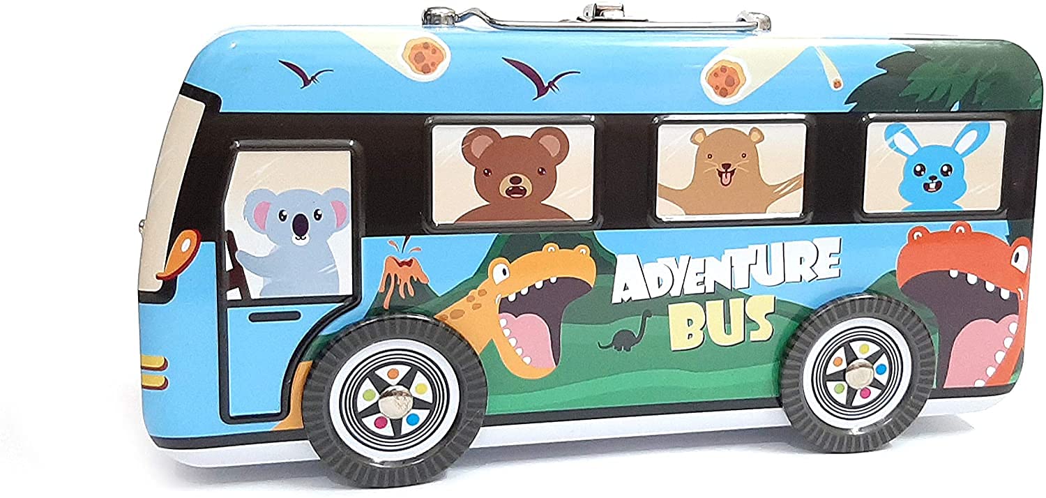 AK Store Adventure Bus Design 3-Floor Metal Pencil Box with Wheels for Kids (Random Colors)