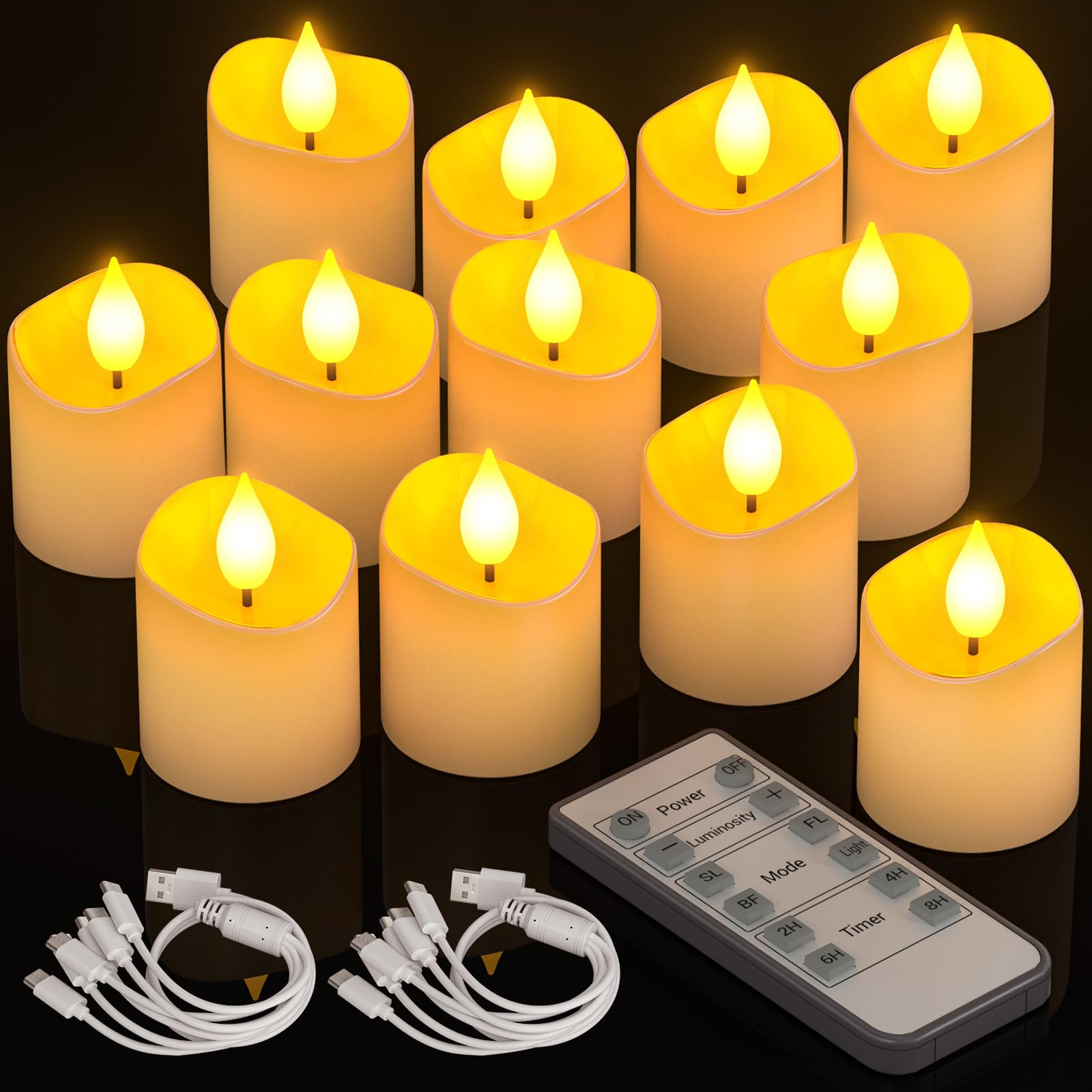 PChero LED Tea Lights Rechargeable with Timer Remote Control, Set of 12 LED Electric Candles Rechargeable Flickering with Battery and Timer Function for Halloween Room New Year's Eve Pumpkin Pack of 12