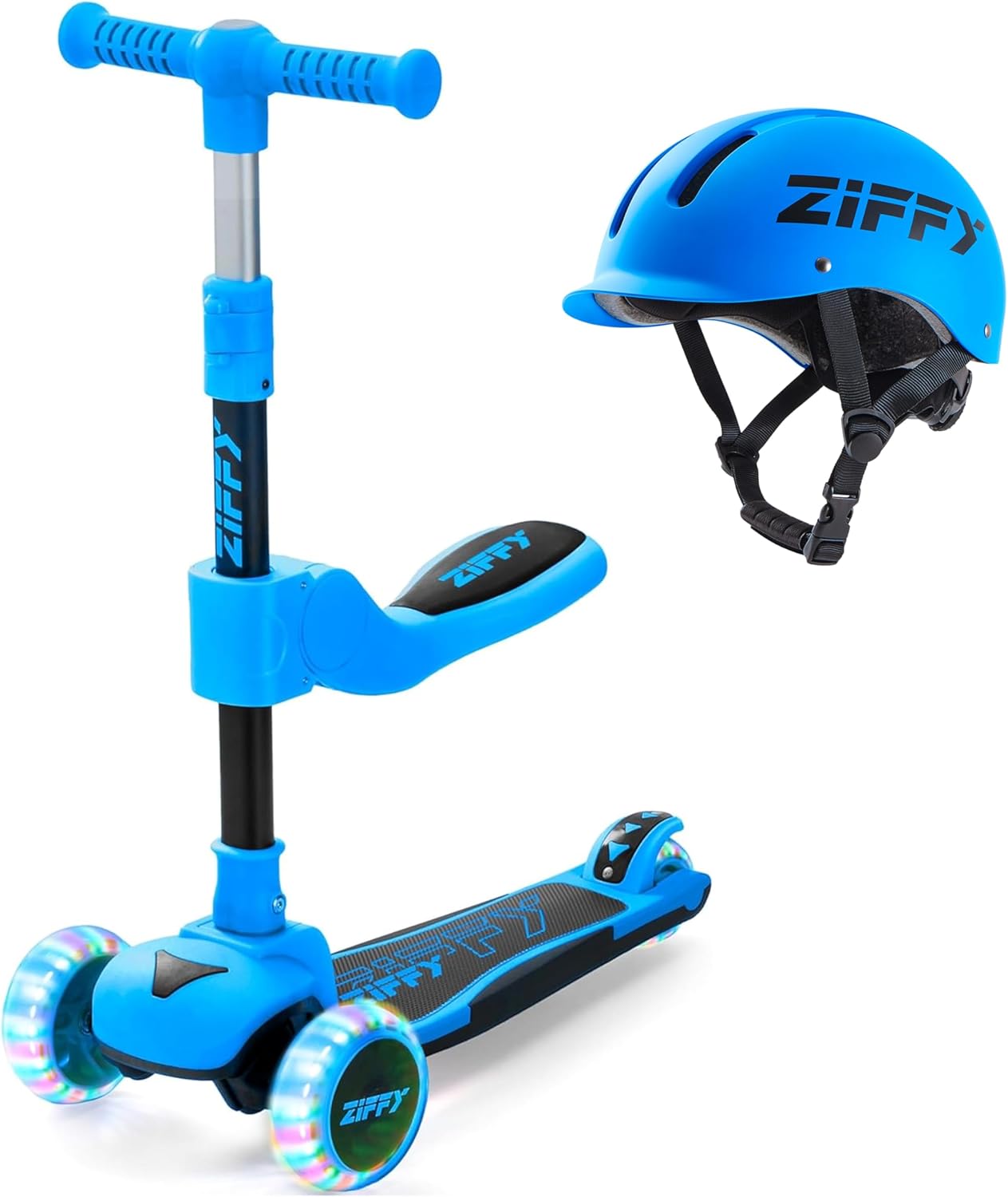 ZIFFY 3-Wheel LED Light-Up Kids Scooter with Adjustable Handlebar and Seat & Toddler Bike Helmet Set, Safety Certified Lightweight Helmet with Washable Liner for Boys and Girls, Blue