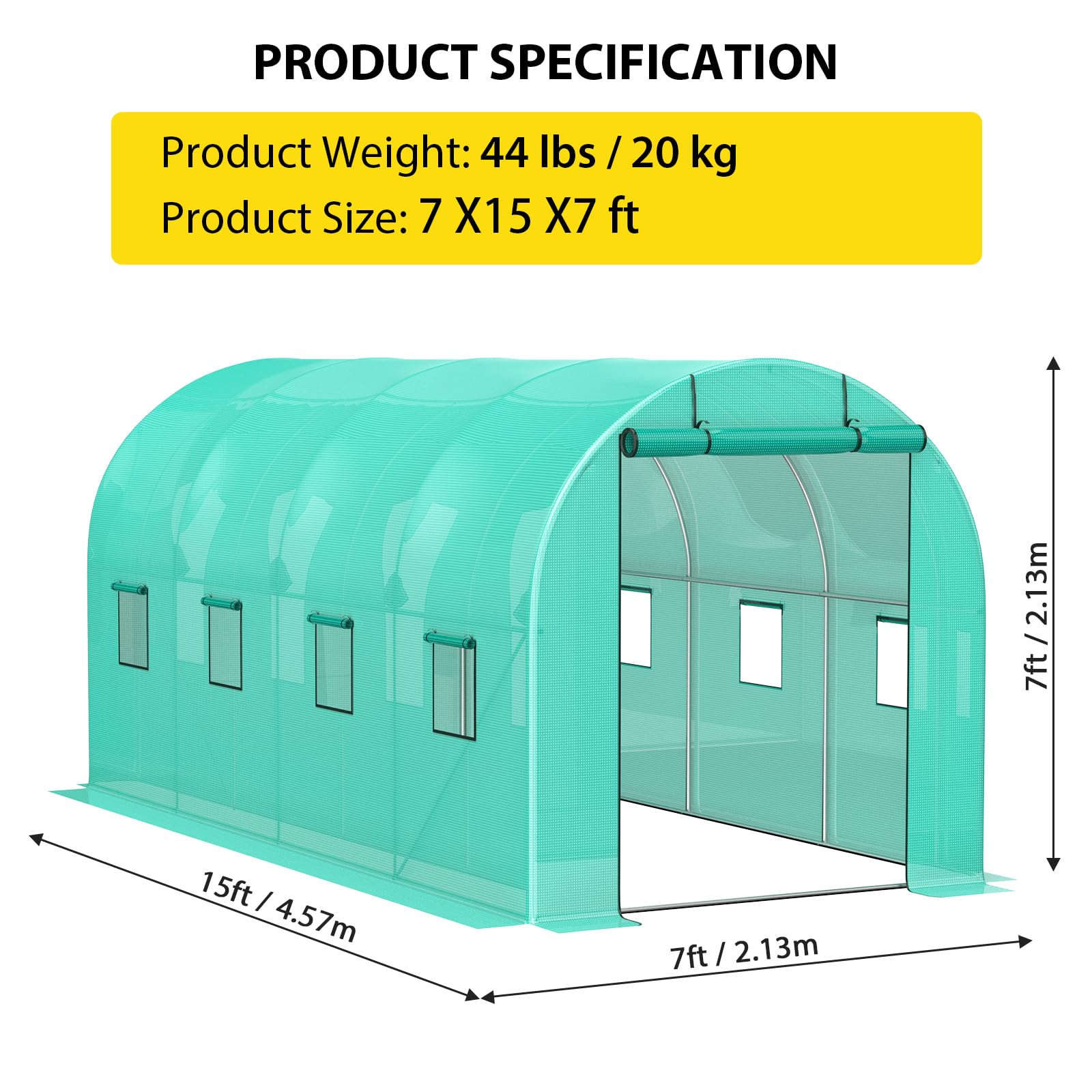 Invernadero túnel de jardinería - 15x7x7 pies con Estructura galvanizada - Cubierta PE Verde Resistente, Puerta Enrollable y 8 Ventanas con Malla - Ideal para Cultivo al Aire Libre /