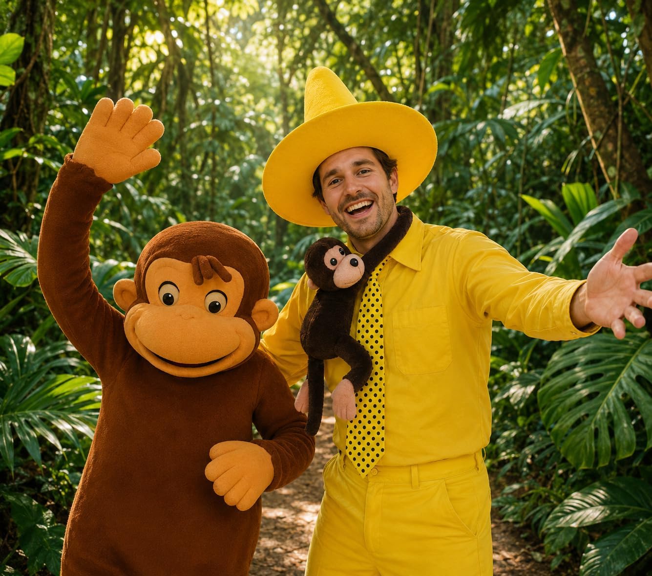 HandinHandCreations Man in the Yellow Hat Costume, World Book Day Costume Yellow Hat with Polka Dot Tie Stuffed Monkey for Men Women for School Reading Party Book Character Dress Up Halloween Cosplay